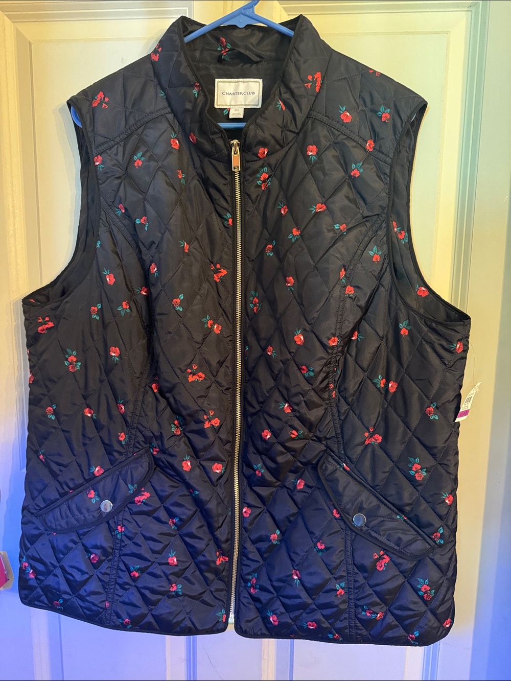 Charter Club Black Quilted Vest with Small Red Floral Embroidery